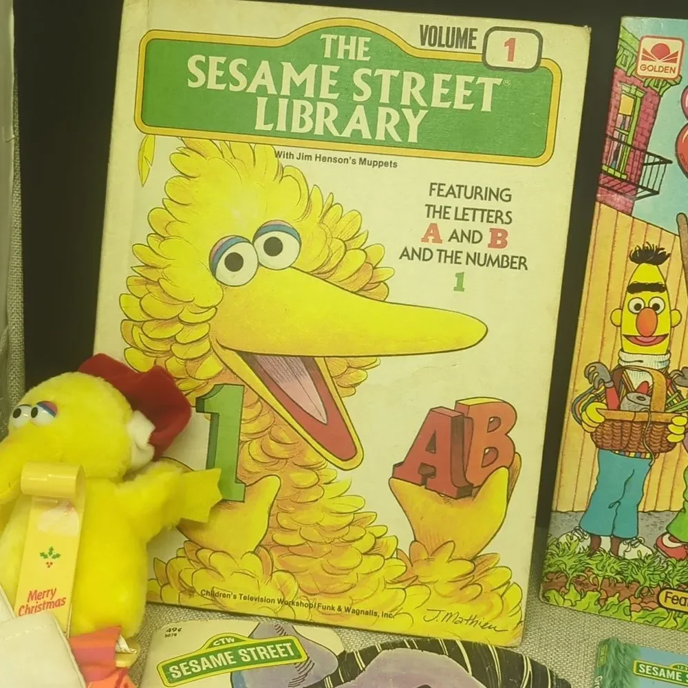 1988 Sesame Street Big Bird Plush Christmas Stocking Holder‎ & stocking, books